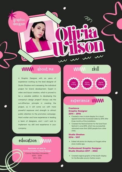Bold cv with pink and green design